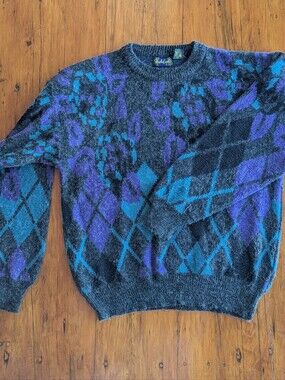 Vintage 80's Men's Patterned Crewneck Sweater - Teal & Purple